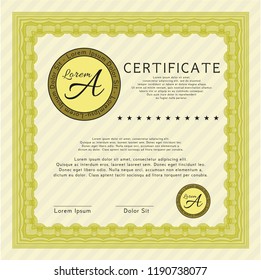 Yellow Classic Certificate template. With guilloche pattern and background. Elegant design. Customizable, Easy to edit and change colors. 