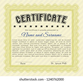 Yellow Classic Certificate template. With guilloche pattern and background. Detailed. Retro design. 