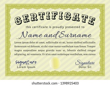 Yellow Classic Certificate template. With guilloche pattern and background. Vector illustration. Nice design. 