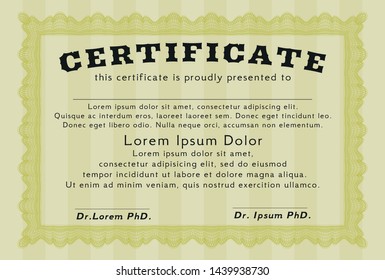 Yellow Classic Certificate template. With guilloche pattern and background. Detailed. Cordial design. 