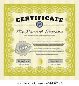Yellow Classic Certificate template. With guilloche pattern. Perfect design. Vector illustration. 