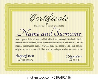 Yellow Classic Certificate template. With linear background. Money style design. Vector illustration. 