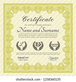 Yellow Classic Certificate template. With linear background. Vector illustration. Money Pattern. 