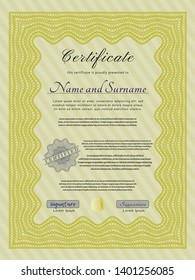 Yellow Classic Certificate template. With linear background. Vector illustration. Superior design. 