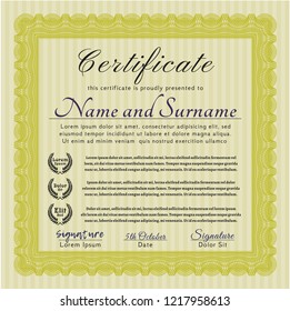 Yellow Classic Certificate template. Money Pattern design. With guilloche pattern and background. Detailed. 