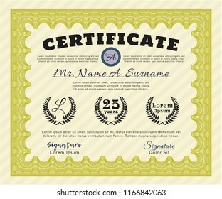 Yellow Classic Certificate template. Nice design. Vector illustration. With great quality guilloche pattern. 