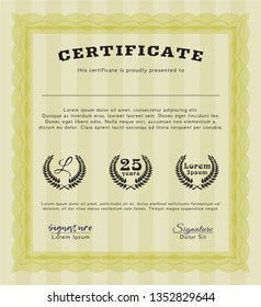 Yellow Classic Certificate template. Nice design. With background. Vector illustration. 