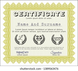 Yellow Classic Certificate template. Perfect design. With complex background. Detailed. 
