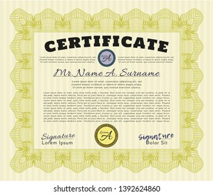 Yellow Classic Certificate template. Perfect design. With complex linear background. Vector illustration. 