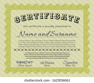 Yellow Classic Certificate template. Perfect design. Vector illustration. With guilloche pattern and background. 