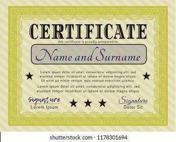 Yellow Classic Certificate template. Printer friendly. Detailed. Artistry design. 