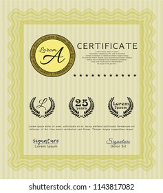 Yellow Classic Certificate template. With quality background. Detailed. Sophisticated design. 