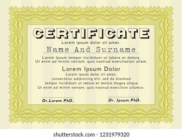 Yellow Classic Certificate template. With quality background. Nice design. Vector illustration. 