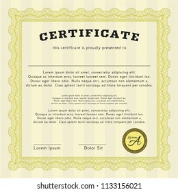 Yellow Classic Certificate template. Vector illustration. With guilloche pattern. Nice design. 