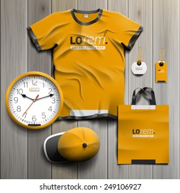 Yellow classic promotional souvenirs design for corporate identity with black and white square elements. Stationery set