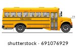 Yellow classic school bus. Side view. American education. Three-dimensional image with carefully traced details. White background.