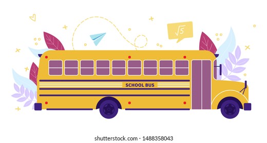 Yellow classic school bus. Side view. American education. Vector illustration on the white background