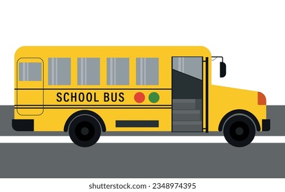 Yellow classic school bus. Side view. education. White background.