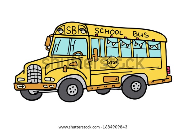 Yellow classic school bus.\
Side view. American education. Carefully traced details. Cartoon\
illustration.
