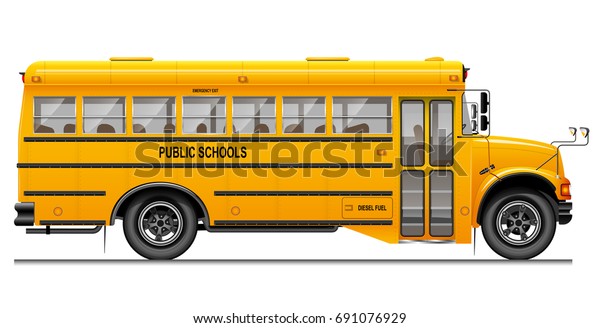 Yellow classic school bus. Side view.\
American education. Three-dimensional image with carefully traced\
details. White\
background.