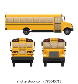 Yellow classic school children's bus. Modern education. Traveling with children, traveling, transportation on kids school bus. Front, side and rear view. Vector illustration in flat style.