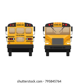 Yellow classic school children's bus. Modern education. Traveling with children, traveling, transportation on kids school bus. Front and rear view. Vector illustration in flat style.