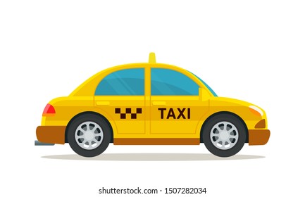 Yellow classic taxi. Taxi service, public city transport. Side view. Business vector illustration, flat design, cartoon style. Isolated on white background.