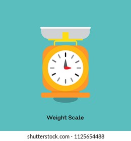 Yellow classic weight scale with stainless tray, measuring tool, a kitchen utensil, on blue background. There is scale marked on.