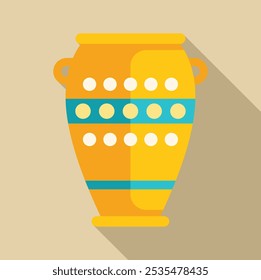 Yellow clay pot with handles and blue and white decoration casting long shadow on light brown background, side view