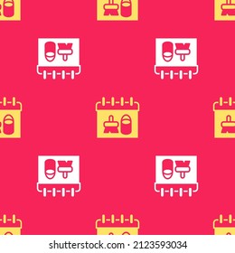 Yellow Cleaning calendar icon isolated seamless pattern on red background.  Vector