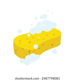 Yellow cleaning sponge with soap bubbles for washing and bathing isolated on white background. Vector illustration