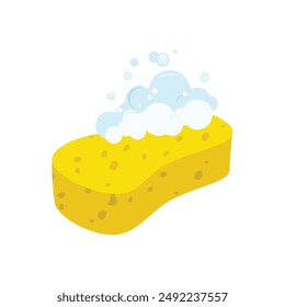 Yellow cleaning sponge with soap bubbles for washing and bathing isolated on white background. Vector illustration