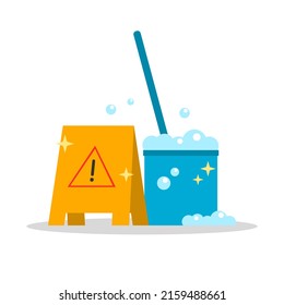 Yellow cleaning warning sign with mop in blue bucket bubble on white background flat vector icon design.