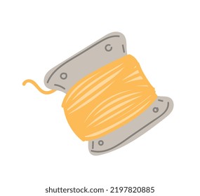Yellow clew icon. Graphic element for website. Knitting toy, handmade repair. Sticker for social networks. Thread on spool for tailor and atelier, fashion designer. Cartoon flat vector illustration
