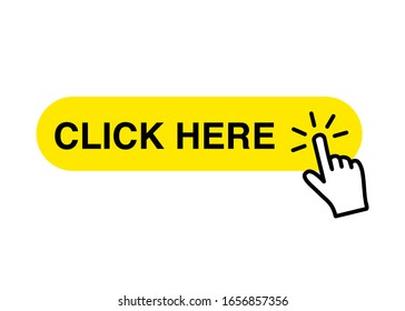 Yellow Click here button with hand pointer clicking icon bubble. Click here, with hand pointing icon in modern flat style design. Vector illustration eps 10