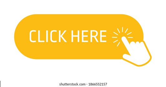 botón de clic amarillo aquí con el puntero de la mano haciendo clic en blanco