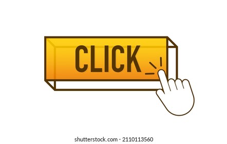 Yellow click on white background. Digital download. Click here vector web button.