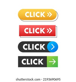 Yellow click on white background. Digital download. Click here vector web button.