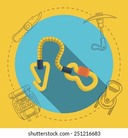 Yellow climbing gear on blue icon with gray contour outfit elements around. Flat color vector illustration for rock climbing on yellow background. Long shadow design