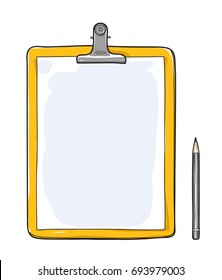 Yellow Clipboard With Blank Paper And A Pencil Hand Drawn Vector Art Illustration