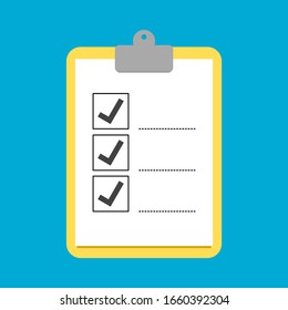 yellow clipboard with check mark sign in square check box on white checklist paper isolated on blue background. vector illustration