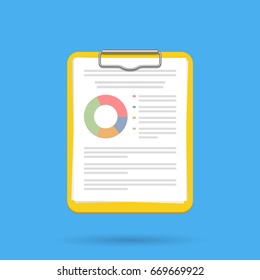 Yellow clipboard with infographic document on blue background. Flat style vector icon.