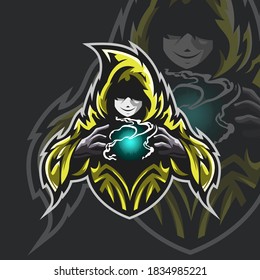 Yellow Cloak Character Vector Illustration with Divination Ball for Esports Team or Group