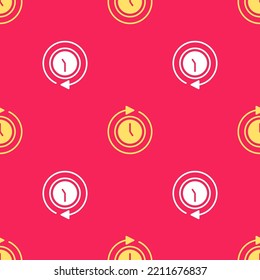 Yellow Clock with arrow icon isolated seamless pattern on red background. Time symbol. Clockwise rotation icon arrow and time.  Vector