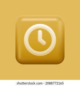 Yellow Clock Icon. Isolated 3D Square App Button. Vector illustration