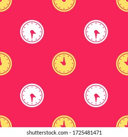 Yellow Clock icon isolated seamless pattern on red background. Time symbol.  Vector Illustration