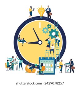 A yellow clock on which a group of business people plan their business for the year. Business concept, businessman. Teamwork self-employed. Active recreation, work, creative idea. Vector illustration