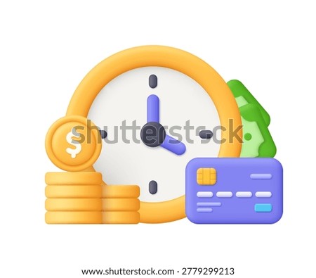 Yellow clock with purple credit card, cash banknotes and gold coins stack. Financial time management, banking, payment, budgeting, payment deadlines concept. 3d vector icon. Cartoon minimal style.