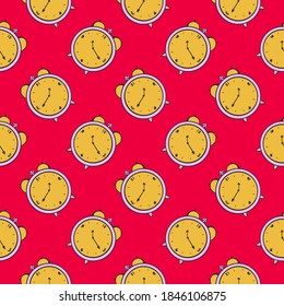 Yellow clock, seamless pattern on red background.
