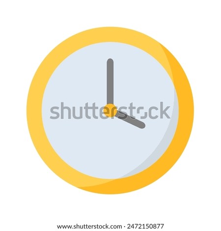 Yellow clock vector illustration in flat design style, circle clock icon design